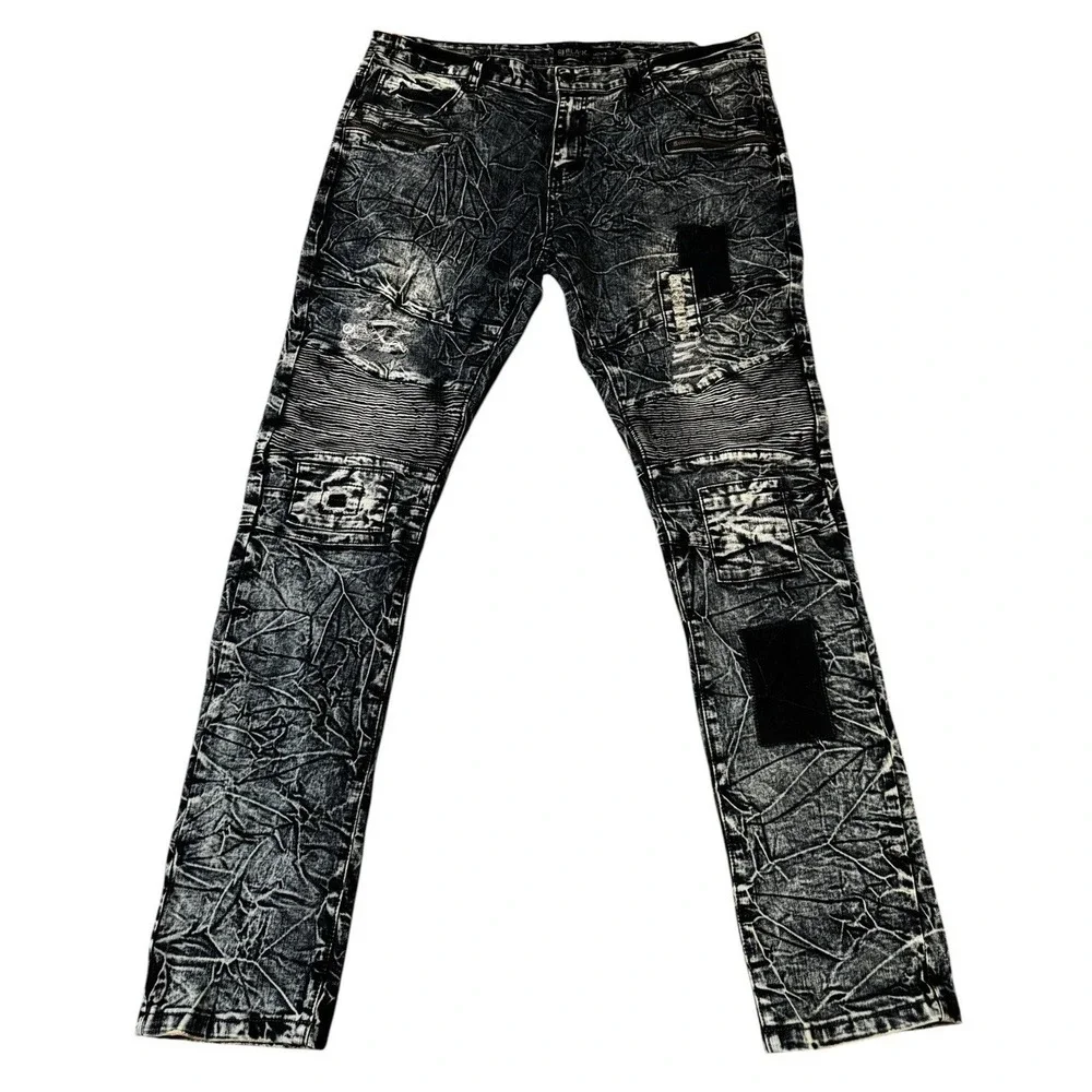 Black Premium Jeans Distressed Moto Biker 40x34 - Picture 2 of 5